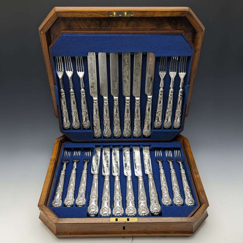 1864 British Antique Sterling Silver Dessert Cutlery 12 Pair Set Total 912g Wooden Boxed Harrison Brothers & Howson