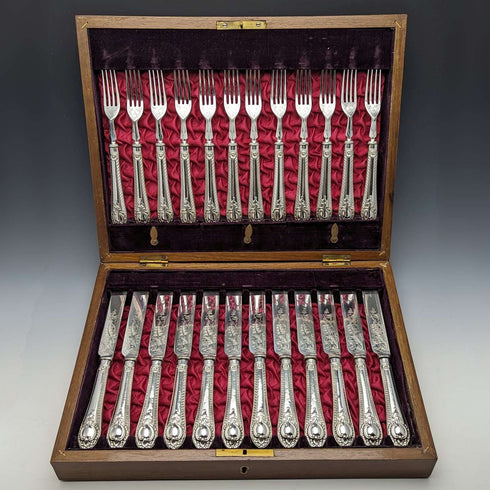 Around 1900 British antique silver plated cutlery 12 pair set in wooden box Walker & Hall