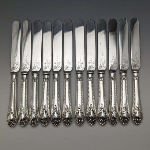 Around 1900 British antique silver plated cutlery 12 pair set in wooden box Walker & Hall