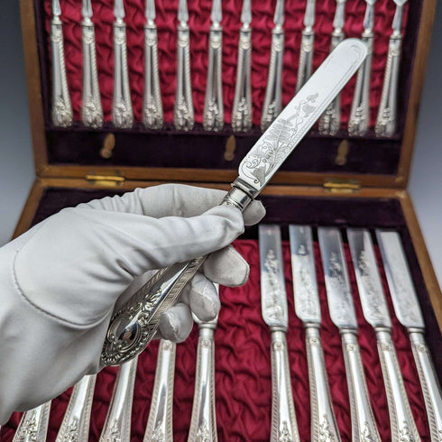Around 1900 British antique silver plated cutlery 12 pair set in wooden box Walker & Hall