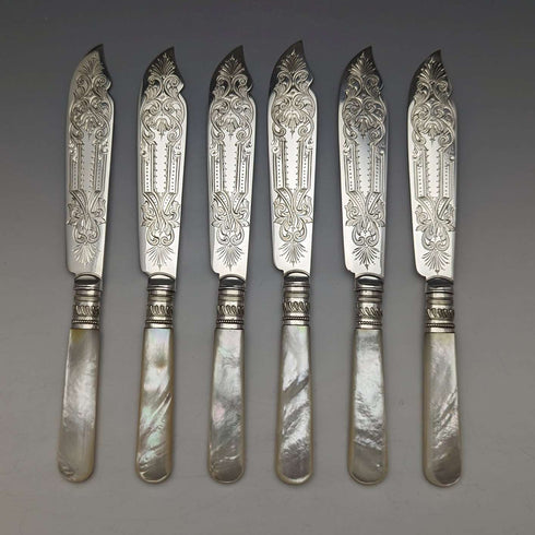 Around 1890 British Antique White Pearl Shell Handle Cutlery 6 Pair Set in Wooden Box Joseph Elliot