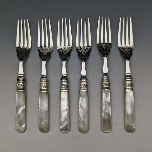 Around 1890 British Antique White Pearl Shell Handle Cutlery 6 Pair Set in Wooden Box Joseph Elliot