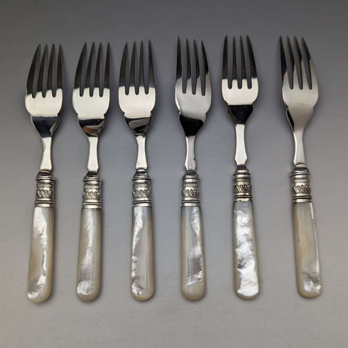 Around 1890 British Antique White Pearl Shell Handle Cutlery 6 Pair Set in Wooden Box Joseph Elliot