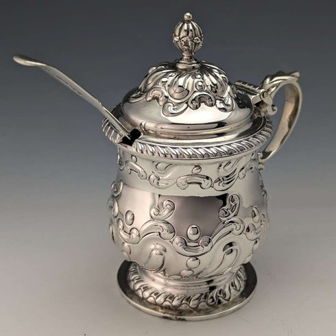 1905년 영국 앤틱 순은 & 블루 글라스 머스타드 포트 & 스푼 Harrison Brothers