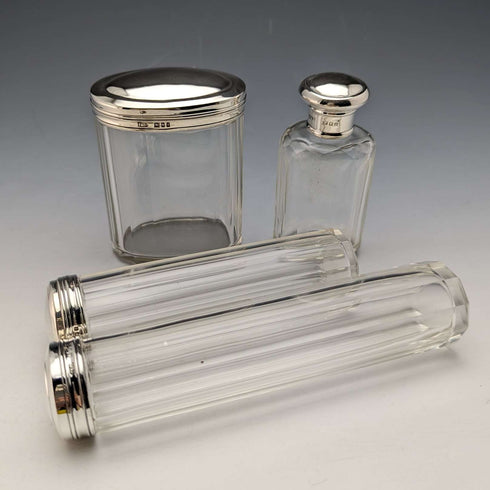 Set de 4 frascos de cristal con tapa de plata de ley, vintage británico, c. 1924