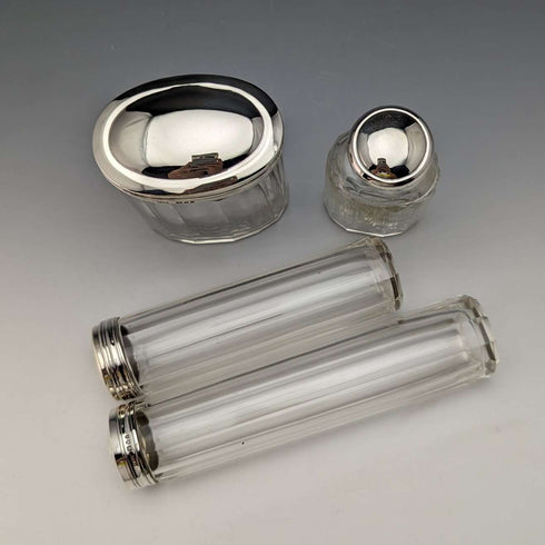 Set de 4 frascos de cristal con tapa de plata de ley, vintage británico, c. 1924