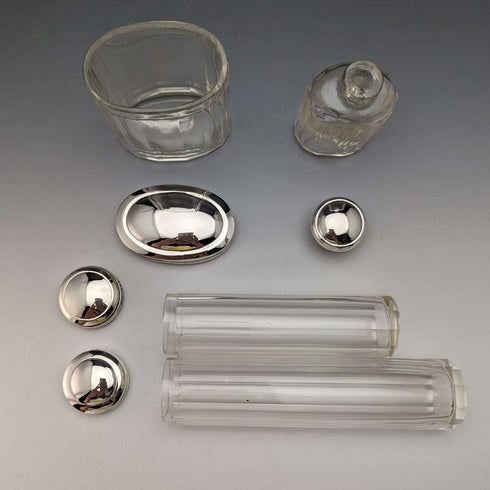 Set de 4 frascos de cristal con tapa de plata de ley, vintage británico, c. 1924