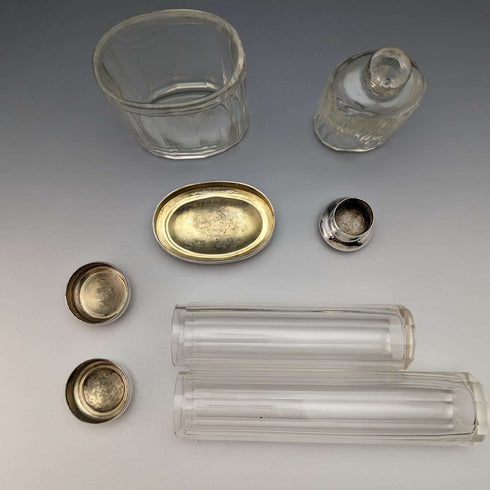 Set de 4 frascos de cristal con tapa de plata de ley, vintage británico, c. 1924