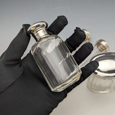 Set de 4 frascos de cristal con tapa de plata de ley, vintage británico, c. 1924