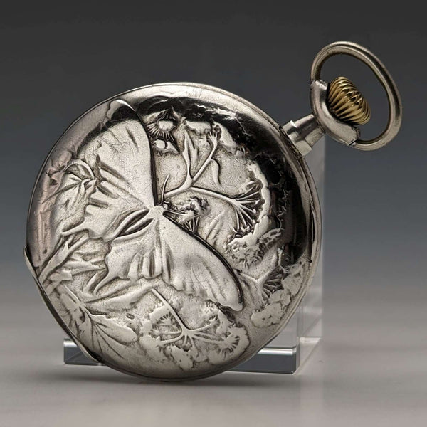 Early 20th century Antique Swiss Vencedor pocket watch Butterfly engraving silver side case Works well