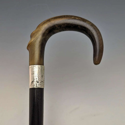 1927年 英国复古绅士手杖 纯银装饰 弯曲角柄 92cm