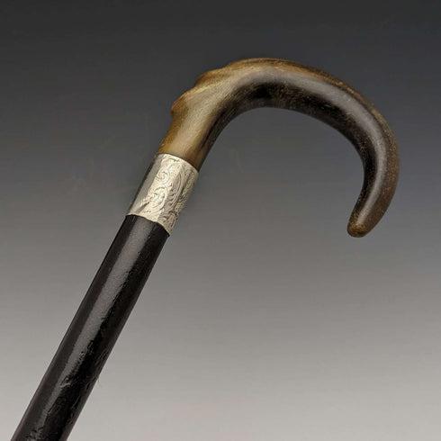 1927年 英国复古绅士手杖 纯银装饰 弯曲角柄 92cm