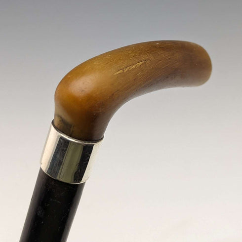 Bastón antiguo británico de 1901, adorno de plata de ley, mango en L de cuerno, 81 cm