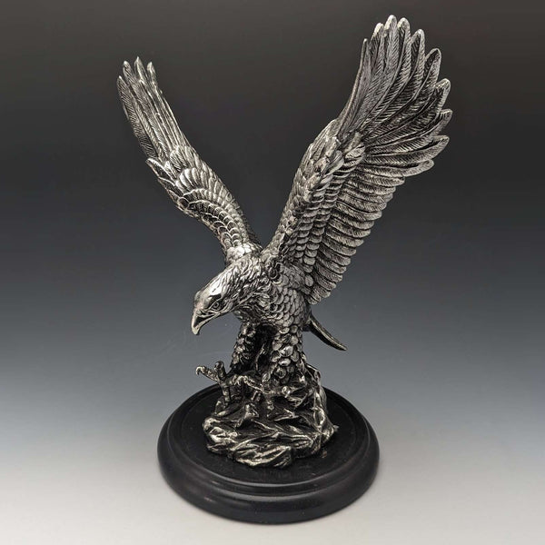 Vintage Silver Color Eagle Figurine Wooden Base