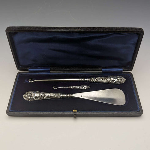 1903 British Antique Sterling Silver Handle Shoehorn Button Hook x2 Set Crisford & Norris