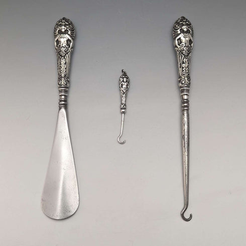 1903 British Antique Sterling Silver Handle Shoehorn Button Hook x2 Set Crisford & Norris