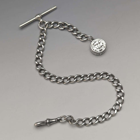 Cadena Albert de plata de ley, antigua, británica, circa 1890, 25 g, con colgante de brújula de plata de ley