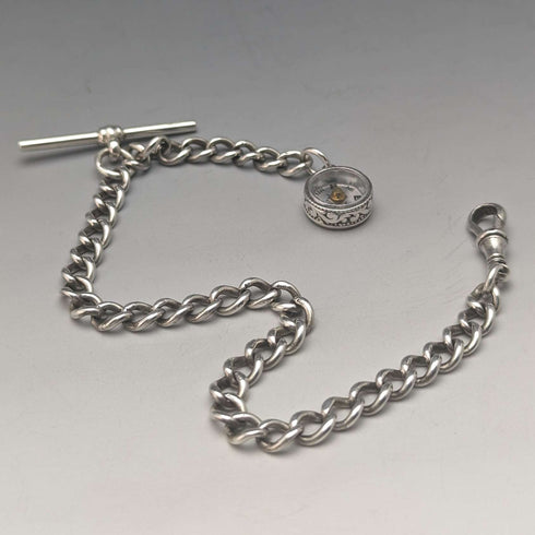Cadena Albert de plata de ley, antigua, británica, circa 1890, 25 g, con colgante de brújula de plata de ley