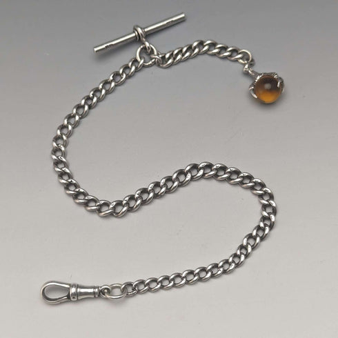 1925년경 영국 앤티크 순은제 앨버트 체인 25g 크로우 & 볼 폽