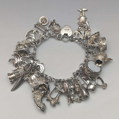 Pulsera de dijes de plata vintage británica, 100g