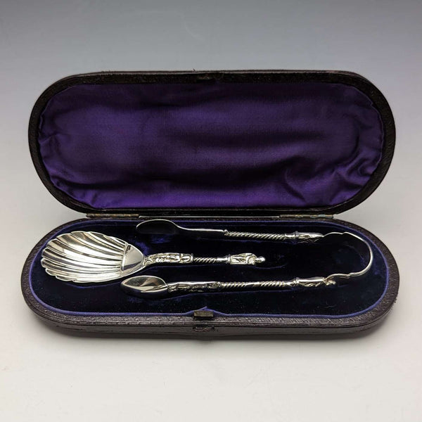 1875年 英国古董 纯银制 茶叶勺&糖夹 HENRY LIAS 附盒