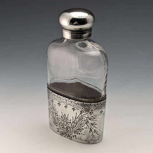 Late 19th century British antique silver plate decoration glass skittle hip flask