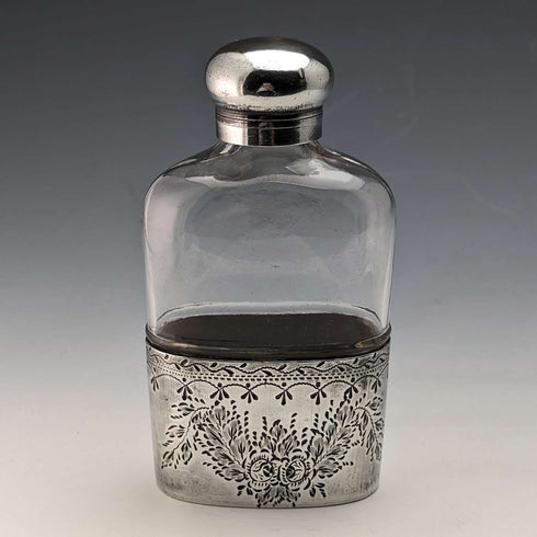 Late 19th century British antique silver plate decoration glass skittle hip flask