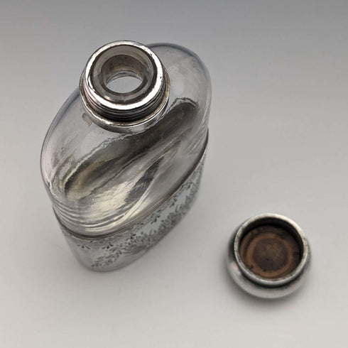 Late 19th century British antique silver plate decoration glass skittle hip flask