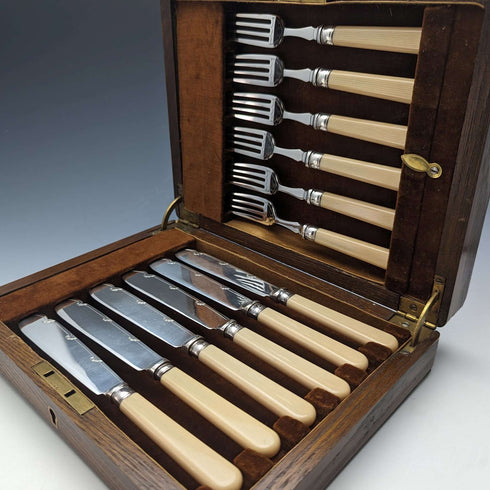 英国ヴィンテージ 樹脂ハンドル フィッシュカトラリー6ペアセット 木箱入り Cooper Brothers