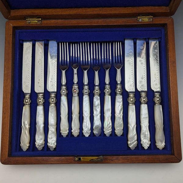 Late 19th Century British Antique Engraved White Pearl Handle Dessert Cutlery 6 Pair Set in Wooden Box