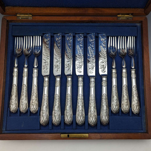 19世紀後半 英国アンティーク シルバープレート製 デザートカトラリー6ペアセット 木箱入り Fenton Brothers