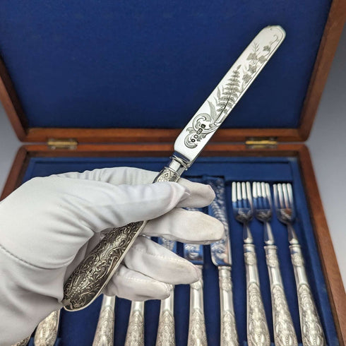 19世紀後半 英国アンティーク シルバープレート製 デザートカトラリー6ペアセット 木箱入り Fenton Brothers