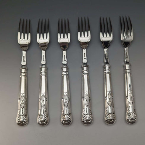 Juego de 6 pares de cubiertos para pescado de plata chapada, vintage, origen británico, hacia 1930, Hukin & Heath