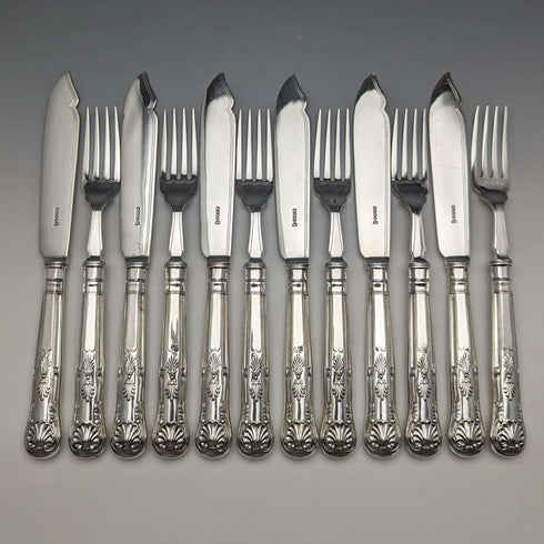 Juego de 6 pares de cubiertos para pescado de plata chapada, vintage, origen británico, hacia 1930, Hukin & Heath