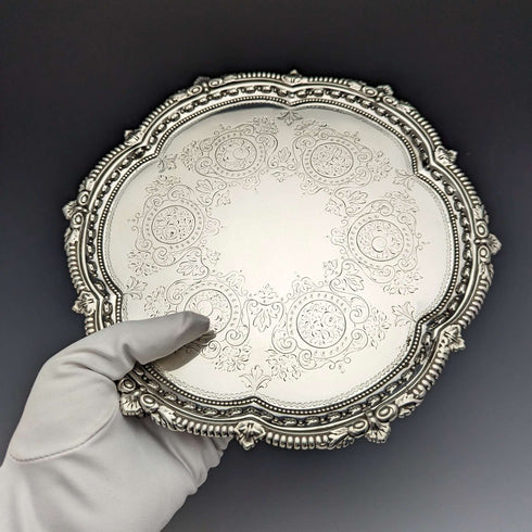 1899년 영국 앤틱 순은제 살바 카드 트레이 지름 22cm 315g Mappin Brothers