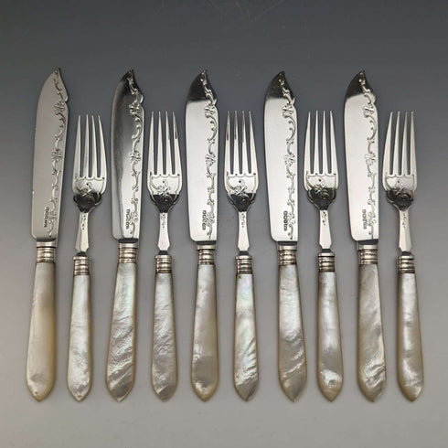 Juego de 5 pares de cubiertos para pescado, antigüedades británicas de 1923, mangos de nácar, hojas de plata de ley, Allen & Darwin