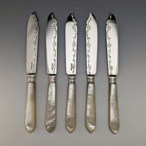 Juego de 5 pares de cubiertos para pescado, antigüedades británicas de 1923, mangos de nácar, hojas de plata de ley, Allen & Darwin