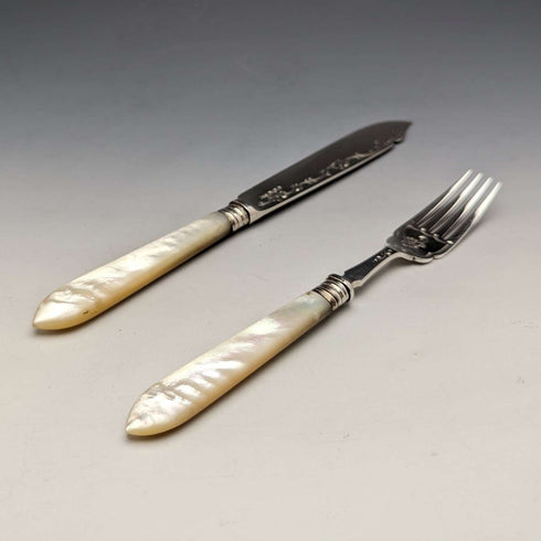Juego de 5 pares de cubiertos para pescado, antigüedades británicas de 1923, mangos de nácar, hojas de plata de ley, Allen & Darwin