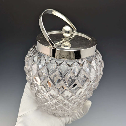 1912년 영국 앤티크 컷 글라스 비스킷 배럴 순은 뚜껑 Goldsmiths & Silversmiths