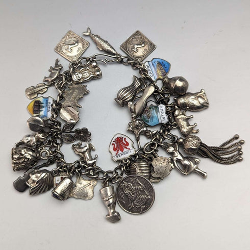 Pulsera de dijes de plata esterlina vintage británica, 79 g