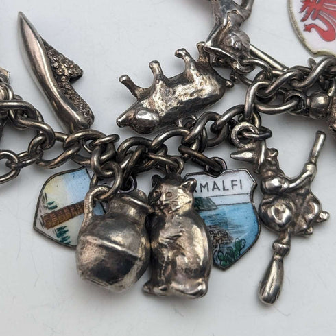 Pulsera de dijes de plata esterlina vintage británica, 79 g