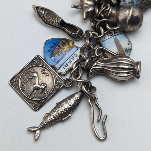 Pulsera de dijes de plata esterlina vintage británica, 79 g