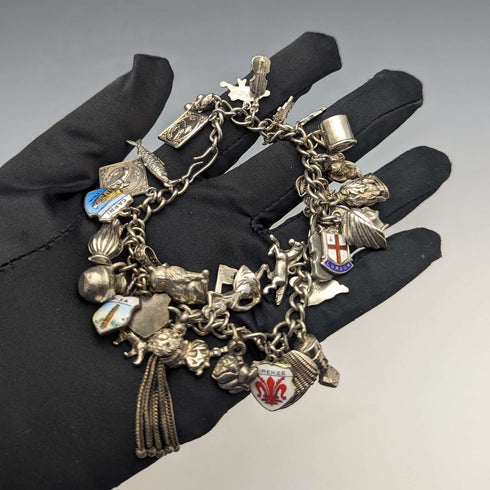 Pulsera de dijes de plata esterlina vintage británica, 79 g