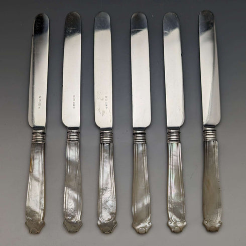 Juego de 6 pares de cubiertos de postre ingleses antiguos, con mango de nácar tallado, de Elkington & Mason