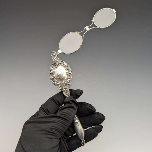 Lorgnette de plata de ley antigua de finales del siglo XIX, gafas plegables portátiles de EE. UU.