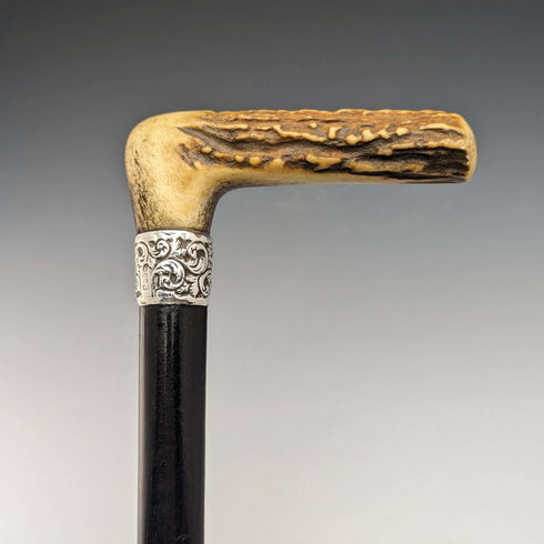 1894年 英国古董绅士手杖 纯银装饰鹿角手柄 黑色杖身 84cm