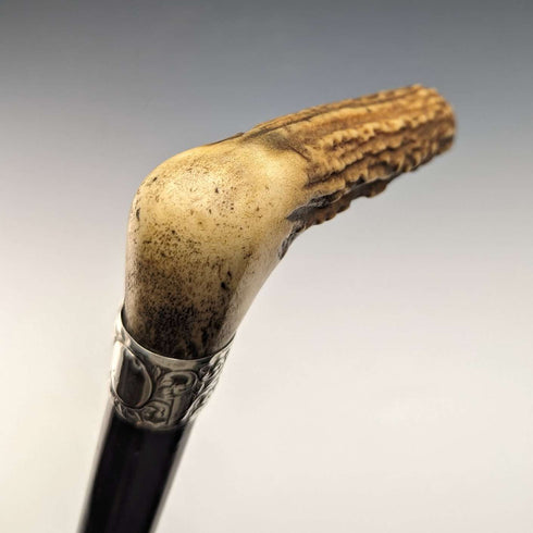 1894年 英国古董绅士手杖 纯银装饰鹿角手柄 黑色杖身 84cm