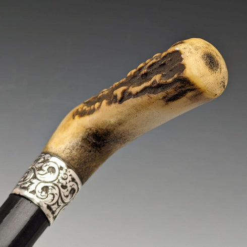 1894年 英国古董绅士手杖 纯银装饰鹿角手柄 黑色杖身 84cm