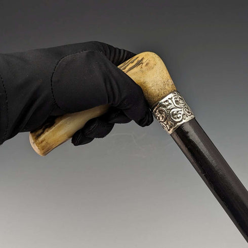 1894年 英国古董绅士手杖 纯银装饰鹿角手柄 黑色杖身 84cm