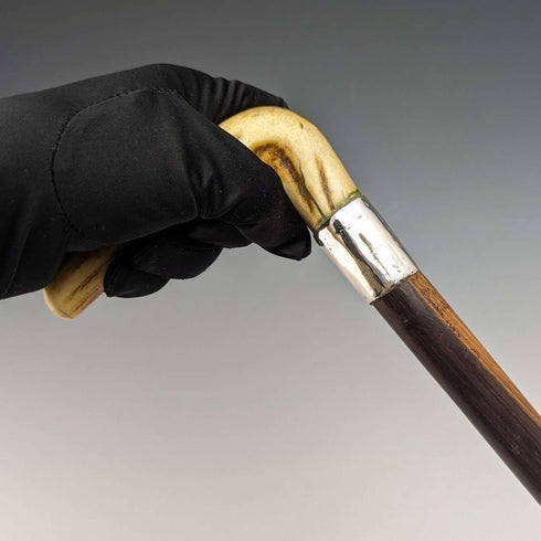 約 1900 年英國古董男士手杖純銀裝飾鹿角手柄棕色軸 85.5 厘米